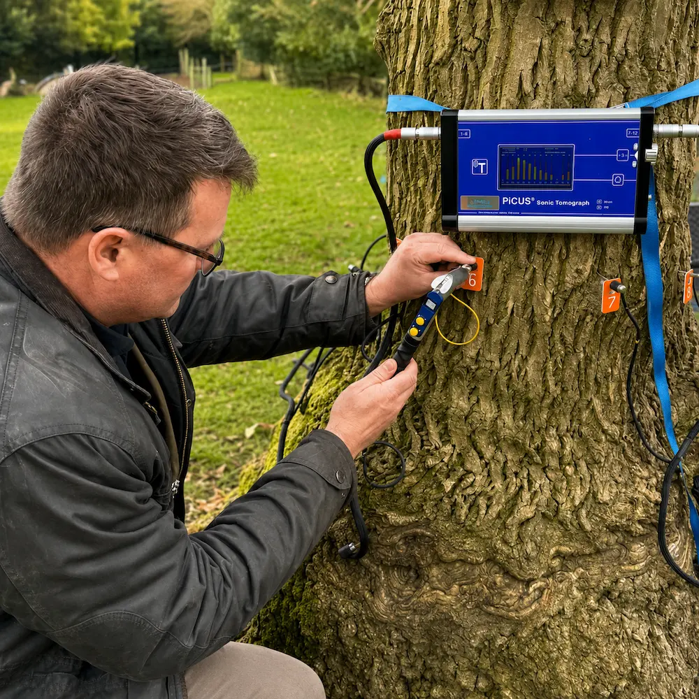 Arboricultural consultant using a PiCUS sonic tomograph to assess internal tree decay | Blue Iris Landscapes | Blue Iris Landscapes Arboricultural consultant using a PiCUS sonic tomograph to assess internal tree decay.