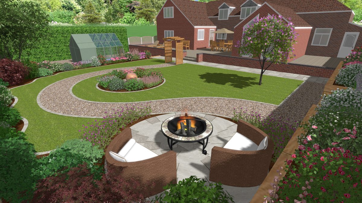 Backyard garden with circular gravel path, lawn, flower beds, and a brick house with an outdoor dining area.
