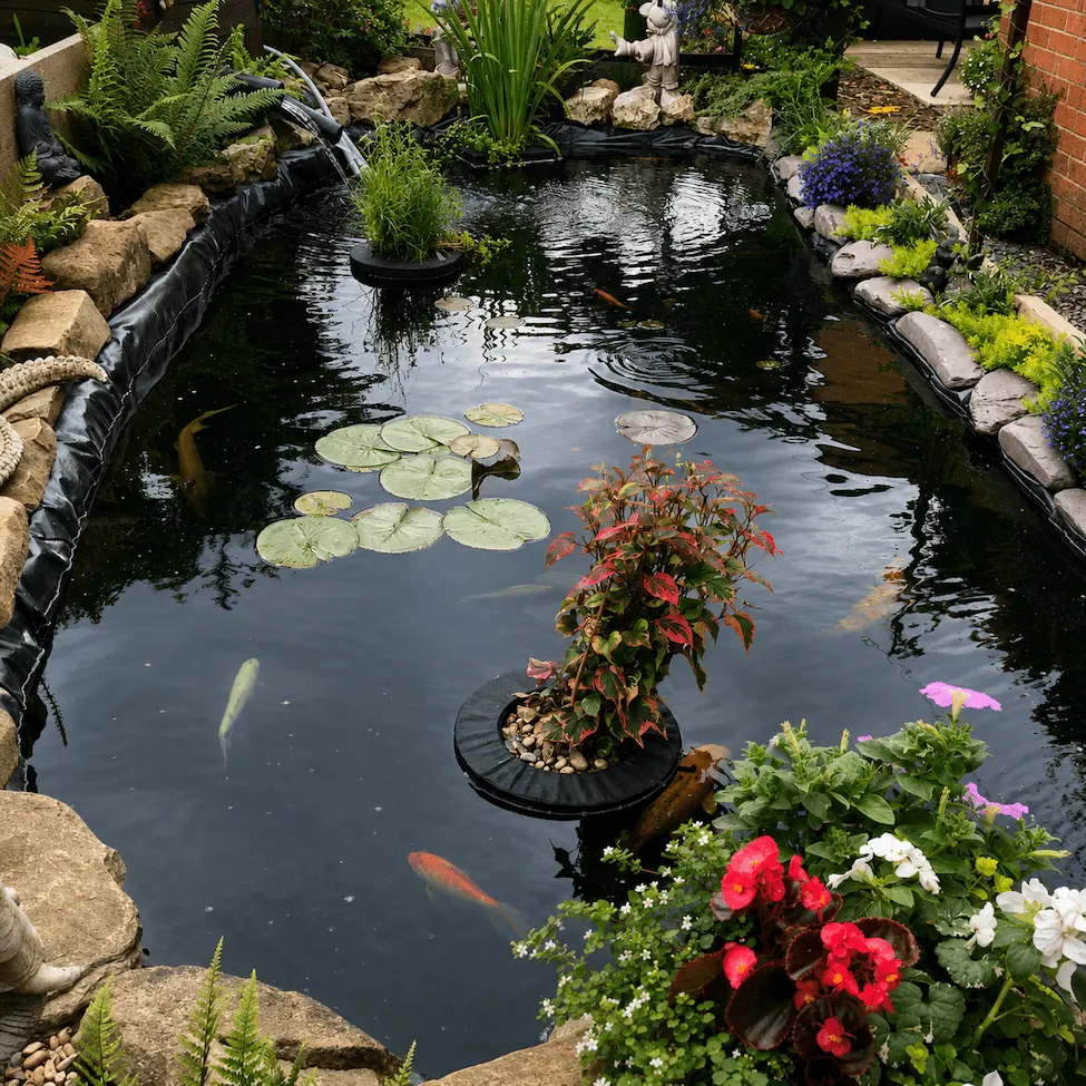 Polished koi pond in bloom | Blue Iris Landscapes | Blue Iris Landscapes Backyard koi pond with lily pads, koi fish, and potted plants along a rocky edge.