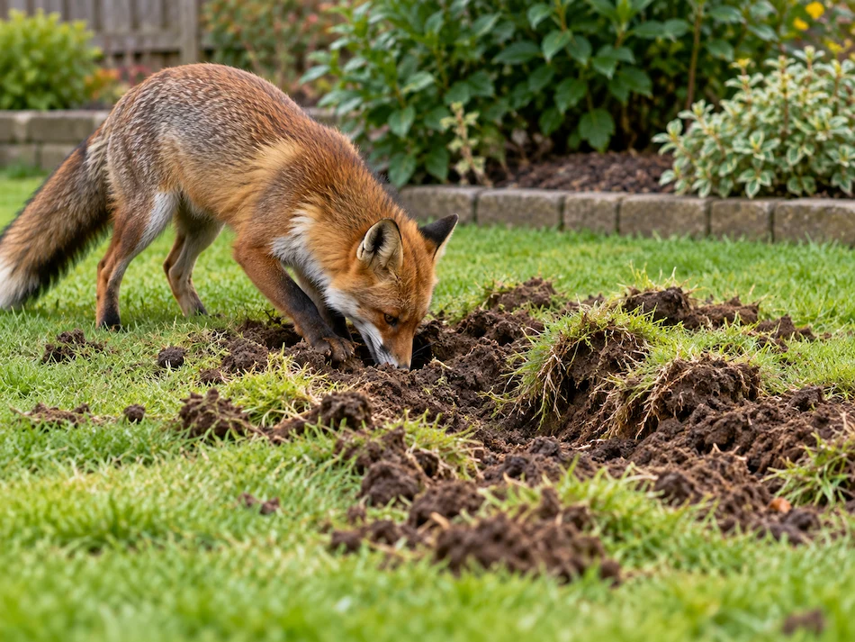 fox digging grass | Blue Iris Landscapes | Blue Iris Landscapes Red fox digging in a garden, its head in the hole as soil and grass are disturbed around it.
