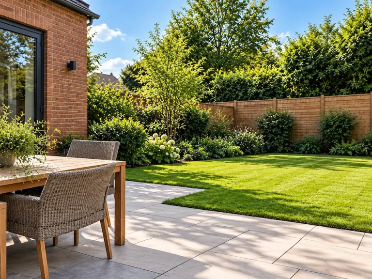 Modern landscaped garden with a paved patio, outdoor dining furniture, mature planting and a neatly maintained lawn.