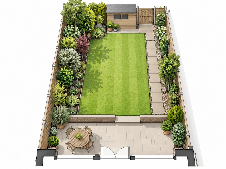 Professional garden layout plan showing the proposed lawn, patio, paths and planting areas.