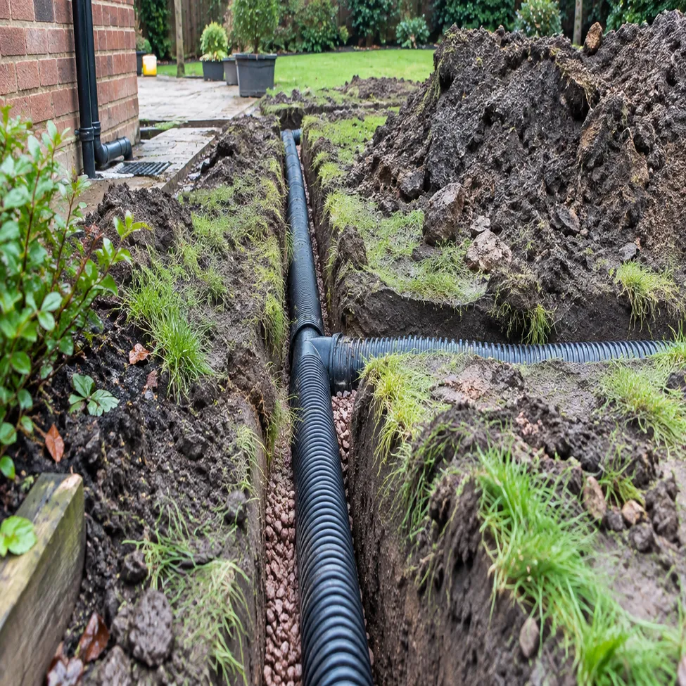 drainage being installed into ground square | Blue Iris Landscapes | Blue Iris Landscapes Trench beside a brick house with black corrugated pipes laid in gravel and soil, tall mounds of dirt on the right.