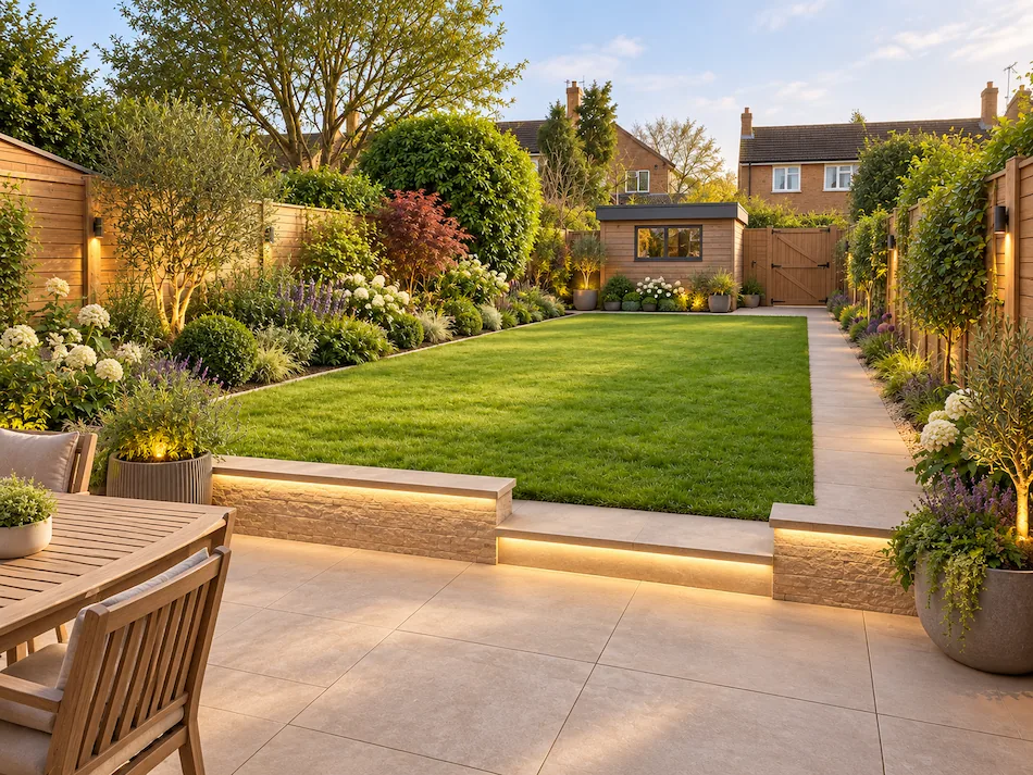 3D garden design visualisation showing the proposed finished layout before landscaping work begins.