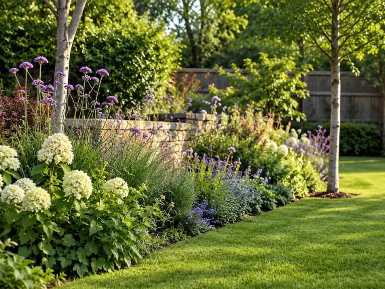 Lush garden border with white hydrangeas, purple verbena and mature trees beside a neatly maintained lawn.