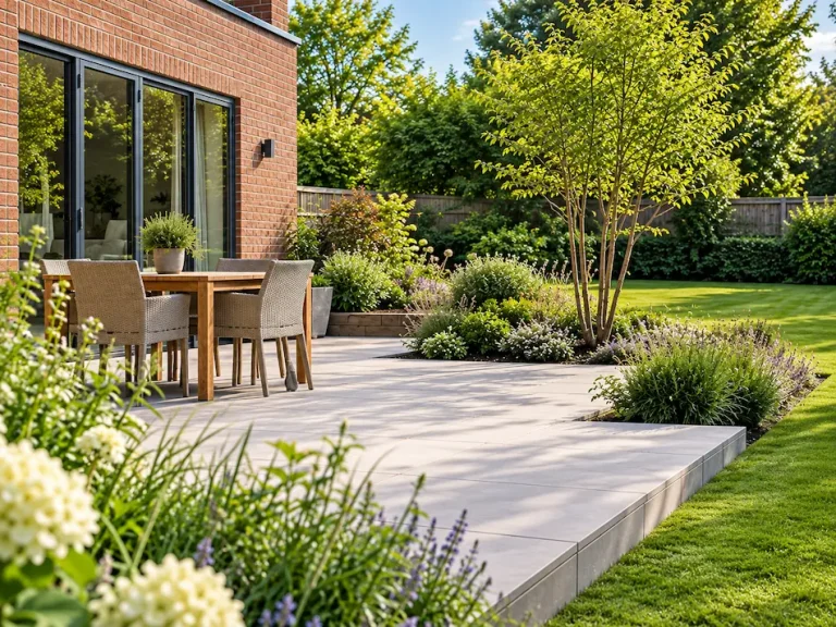 Modern residential courtyard terraces, featuring stone paving, outdoor dining tables, flower beds and lawns