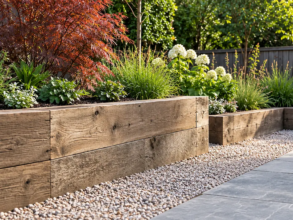 Professionally landscaped garden with timber raised planters, flowering plants, ornamental grasses and gravel pathways.
