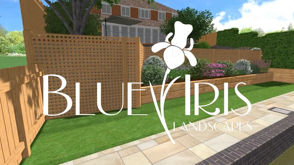 Branding overlay across a landscaped backyard: large white logo reading 'BLUEBIRDS LANDSCAPES' with a stylized flower, wooden privacy fence, raised garden beds, and lawn space behind it.