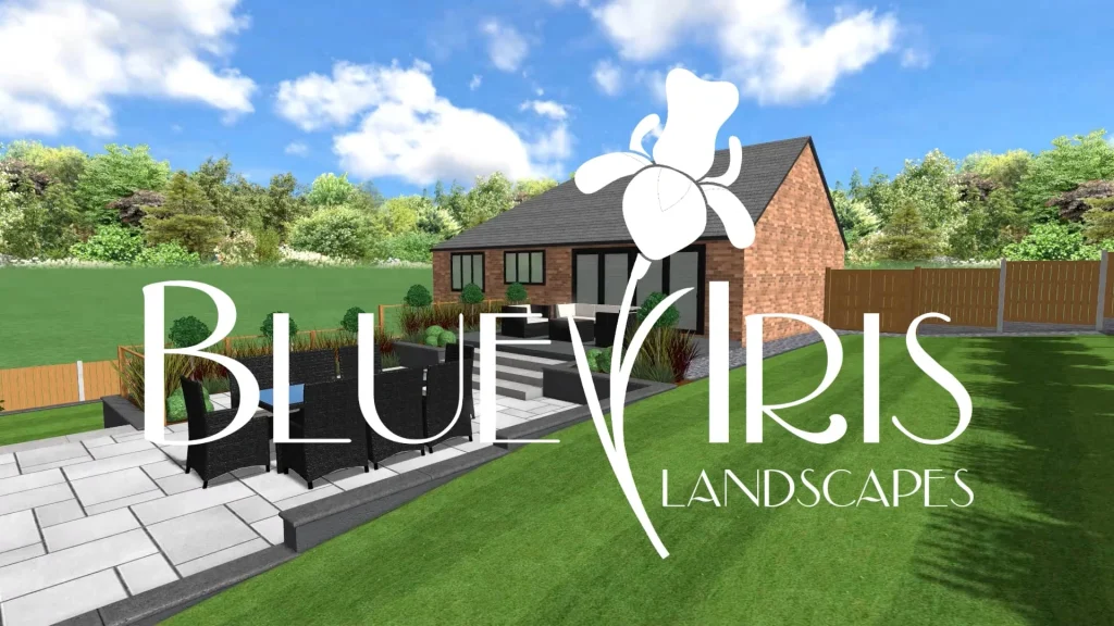 Backyard landscape with a brick house, tiled patio seating, green lawn, and a large white logo for Bluebird's Landscapes overlaying the scene.