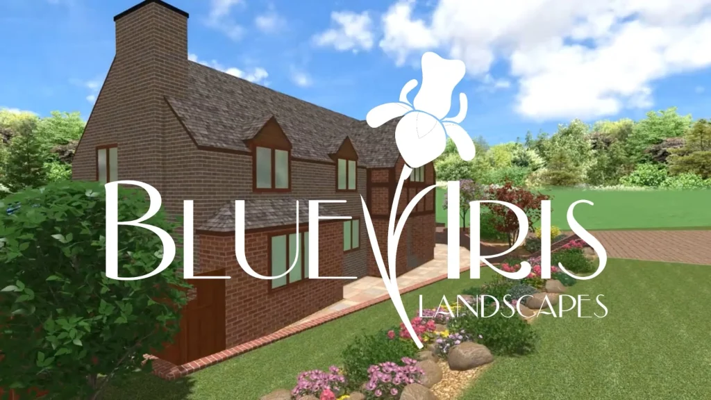 Brand banner showing a brick two‑story house with a manicured front garden and a white ‘Bluefields Landscapes’ logo with a stylized flower overlay.