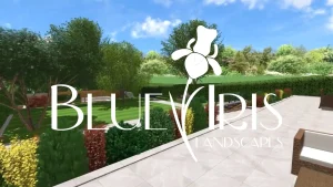 Brand landscaping image showing a backyard with trees, hedges, and a stone patio, overlaid by a large white flower logo and the text '... LANDSCAPES'.