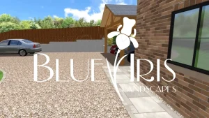 Residential driveway scene with a brick house and gravel surface; Blue Iris Landscaping logo overlayed.