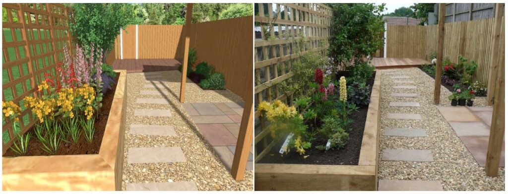 CAD Before and After - Gravel, Stepping Stones and Sleeper Beds | Blue Iris Landscapes Garden Design in Buxton