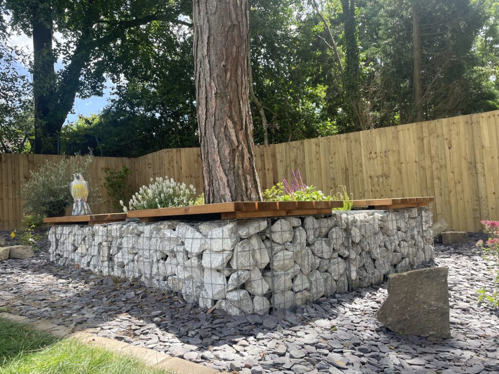 gabion basket bench seating | Blue Iris Landscapes gabion basket