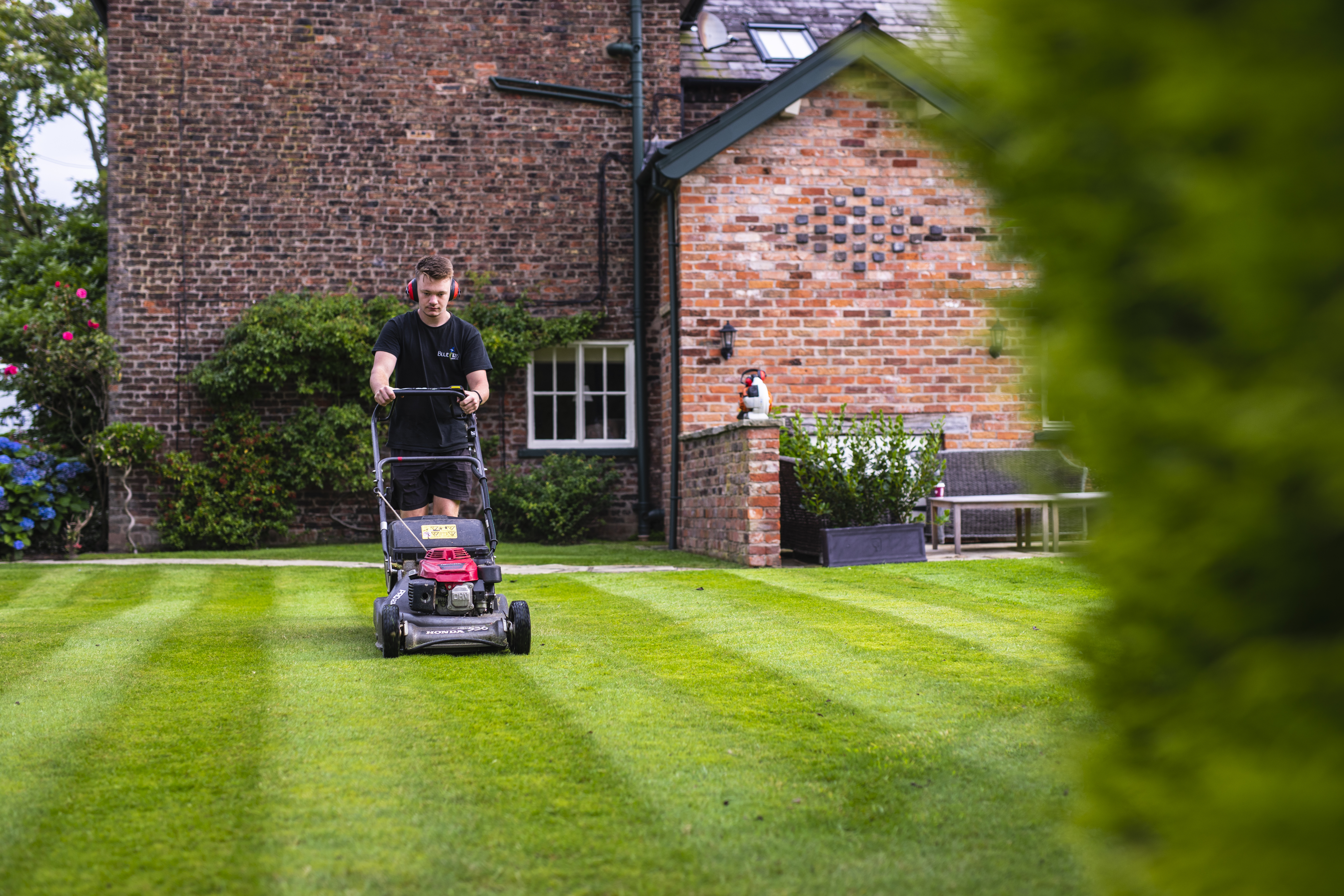 Spring Garden example. Maintenance team mowing stripes into the lawn. Staffordshire 