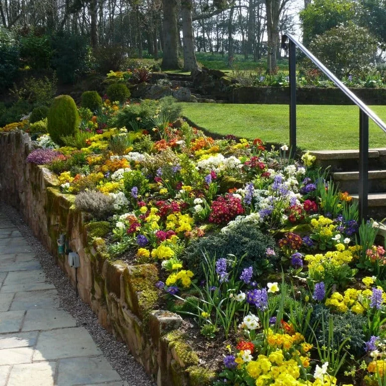 flower borders webp | Blue Iris Landscapes | Blue Iris Landscapes Colorful flower bed along a stone retaining wall beside a paved path and metal handrail leading to stone steps.